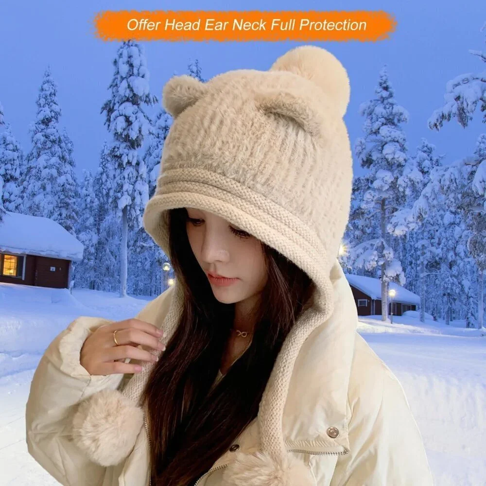 Women Creame Winter Sherpa Beanie Hats Knit Ear Flaps Peruvian Cover Ears